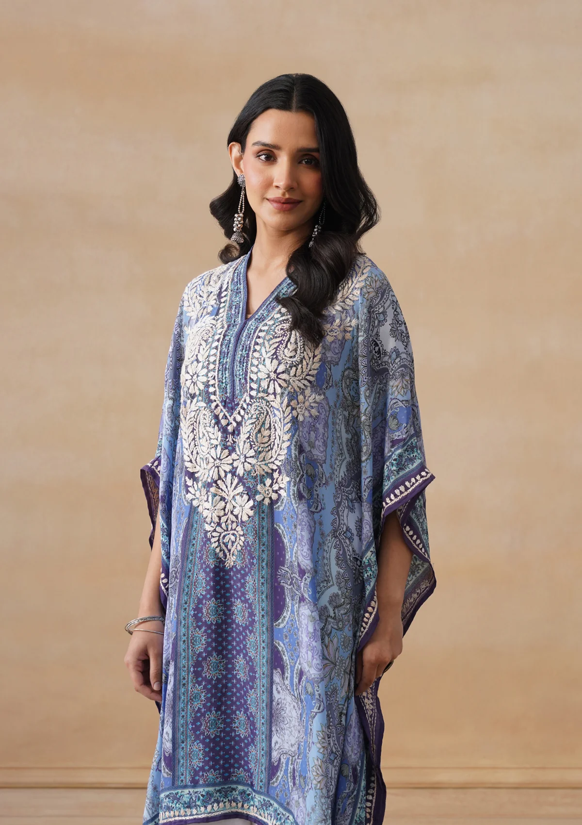 HOC Crepe Chikankari Printed Straight Women's Short Kaftan-Blue - Image 6