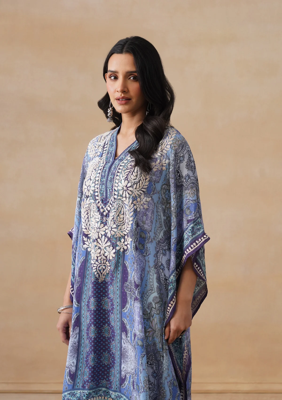 HOC Crepe Chikankari Printed Straight Women's Short Kaftan-Blue - Image 8