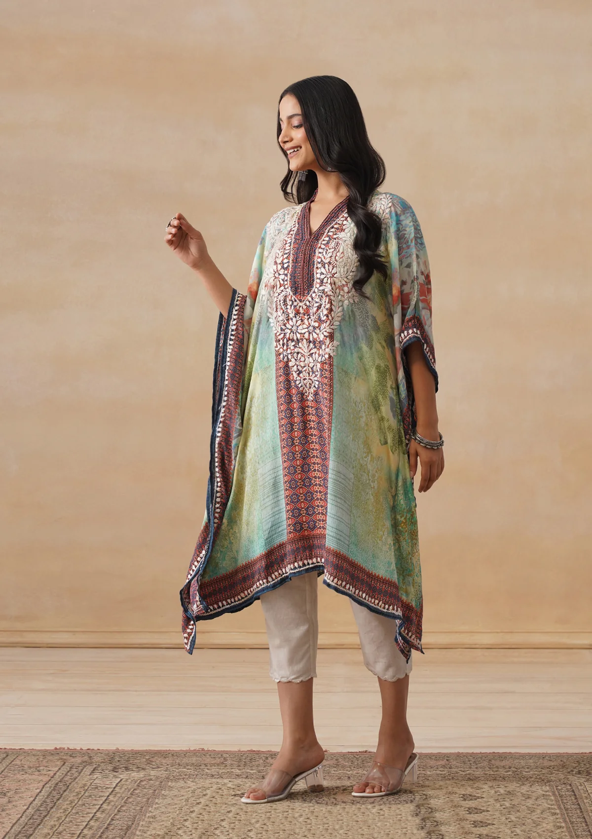 HOC Crepe Chikankari Printed Straight Women's Short Kaftan-Green - Image 2