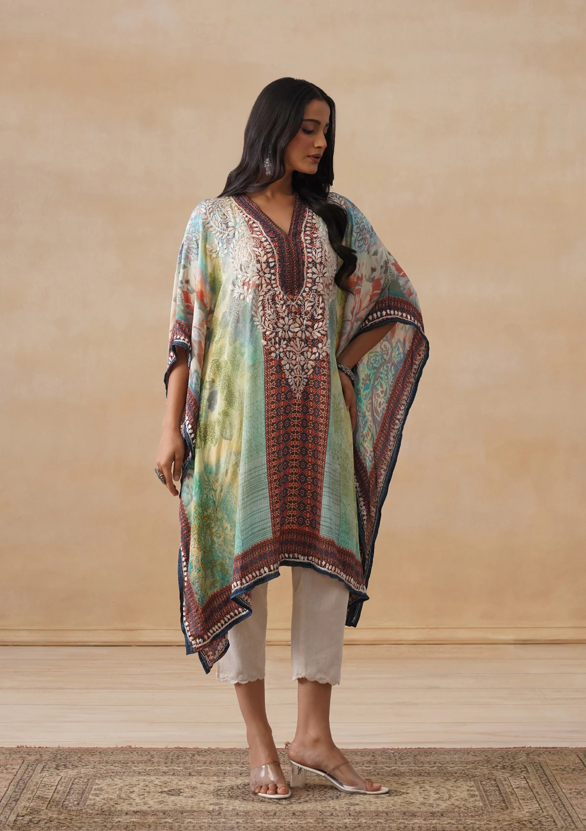 HOC Crepe Chikankari Printed Straight Women's Short Kaftan-Green - Image 3