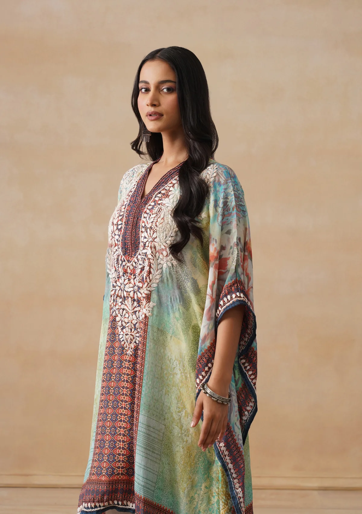 HOC Crepe Chikankari Printed Straight Women's Short Kaftan-Green - Image 5