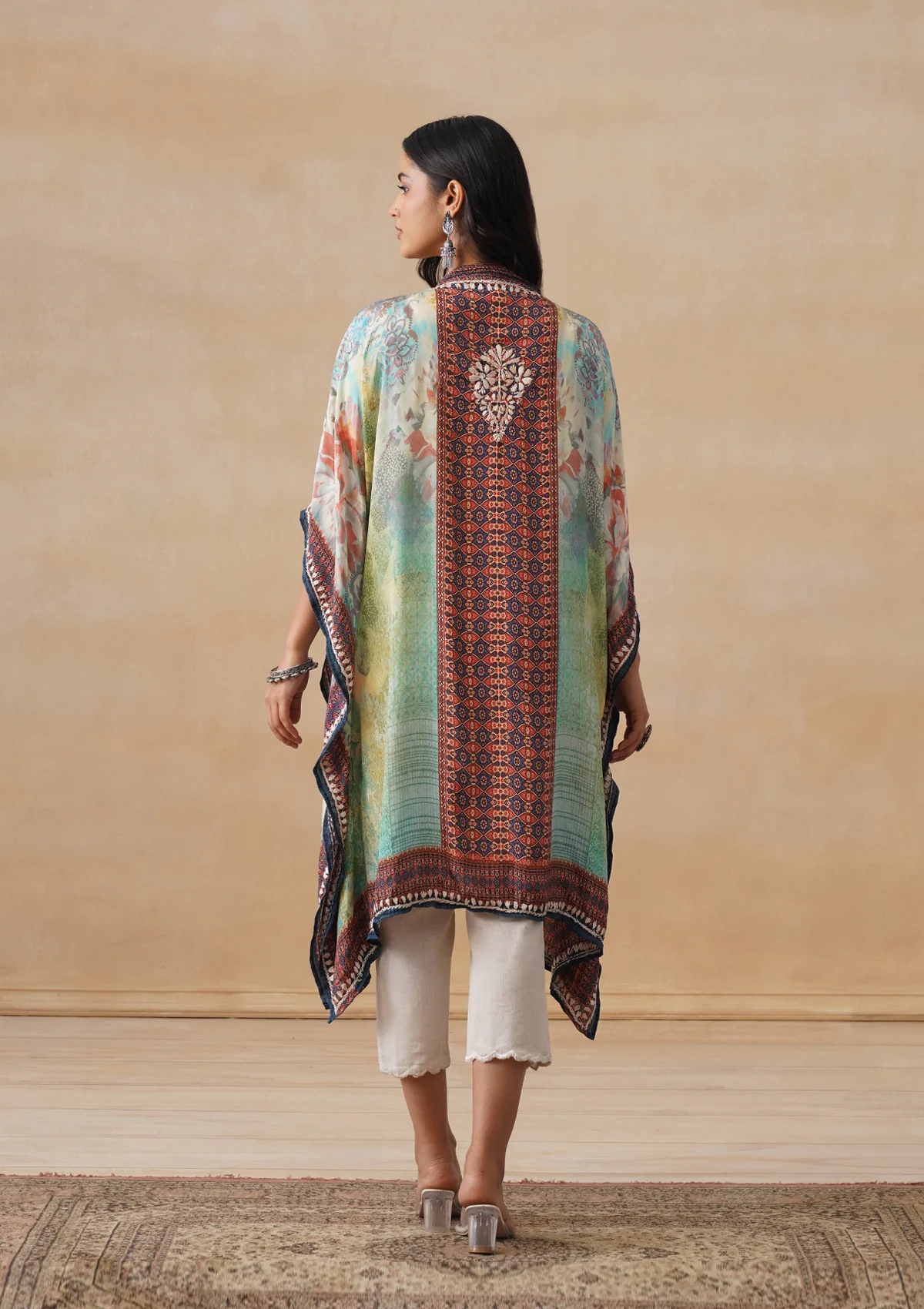 HOC Crepe Chikankari Printed Straight Women's Short Kaftan-Green - Image 9