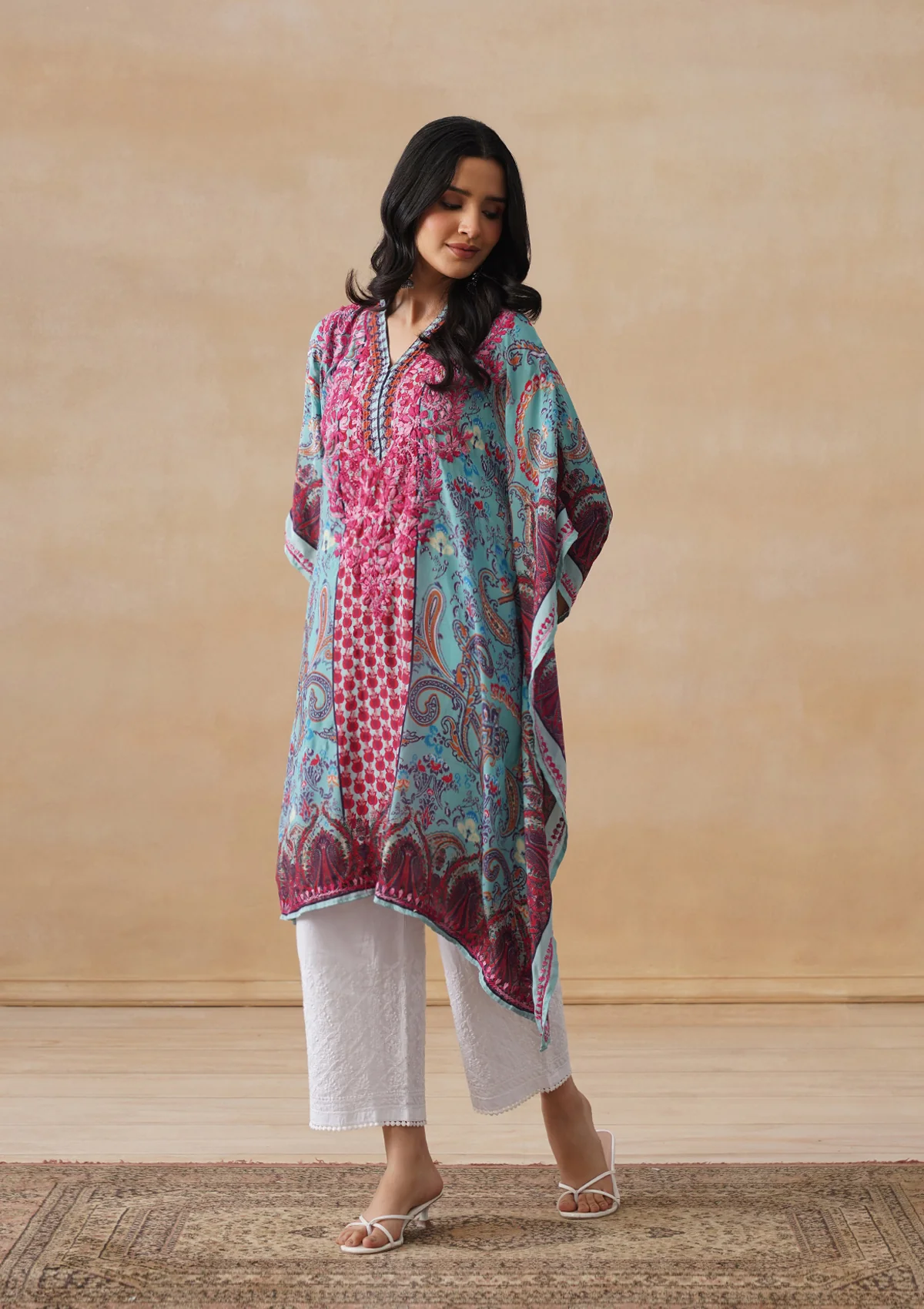 HOC Crepe Chikankari Printed Straight Women's Short Kaftan-Blue - Image 10