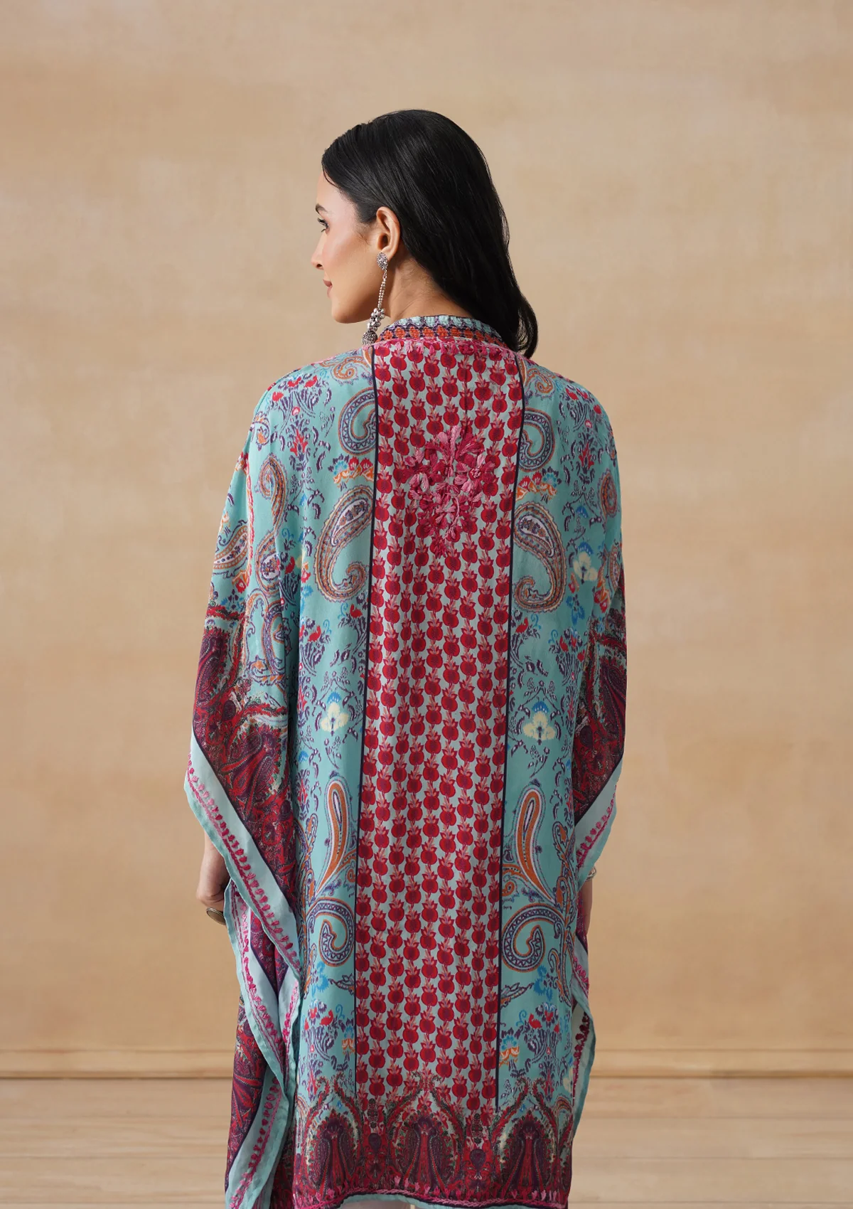 HOC Crepe Chikankari Printed Straight Women's Short Kaftan-Blue - Image 4