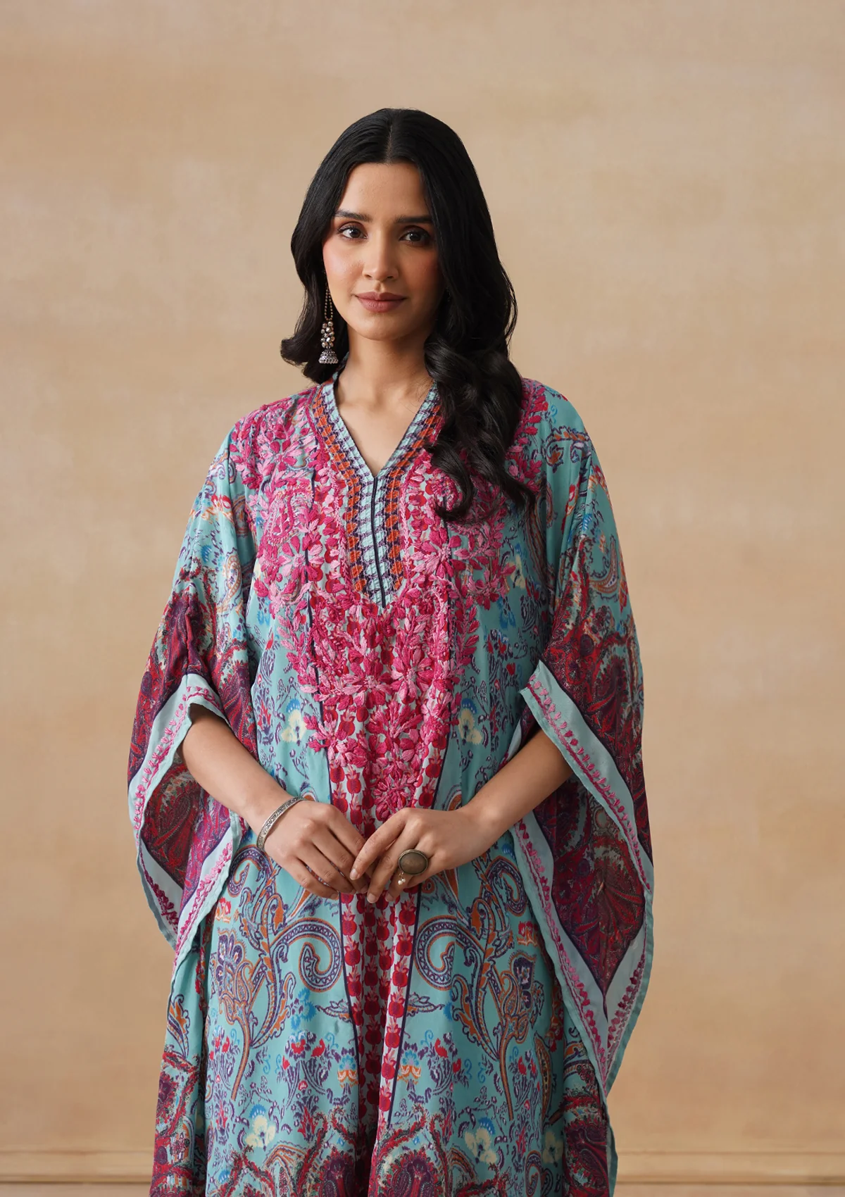 HOC Crepe Chikankari Printed Straight Women's Short Kaftan-Blue - Image 5