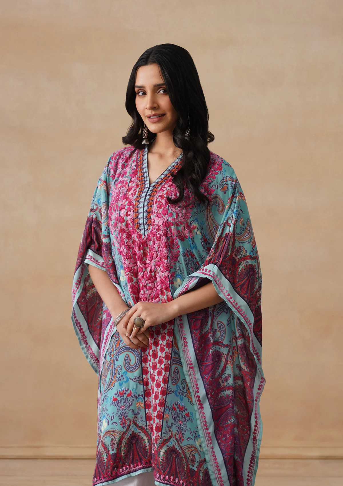 HOC Crepe Chikankari Printed Straight Women's Short Kaftan-Blue - Image 6