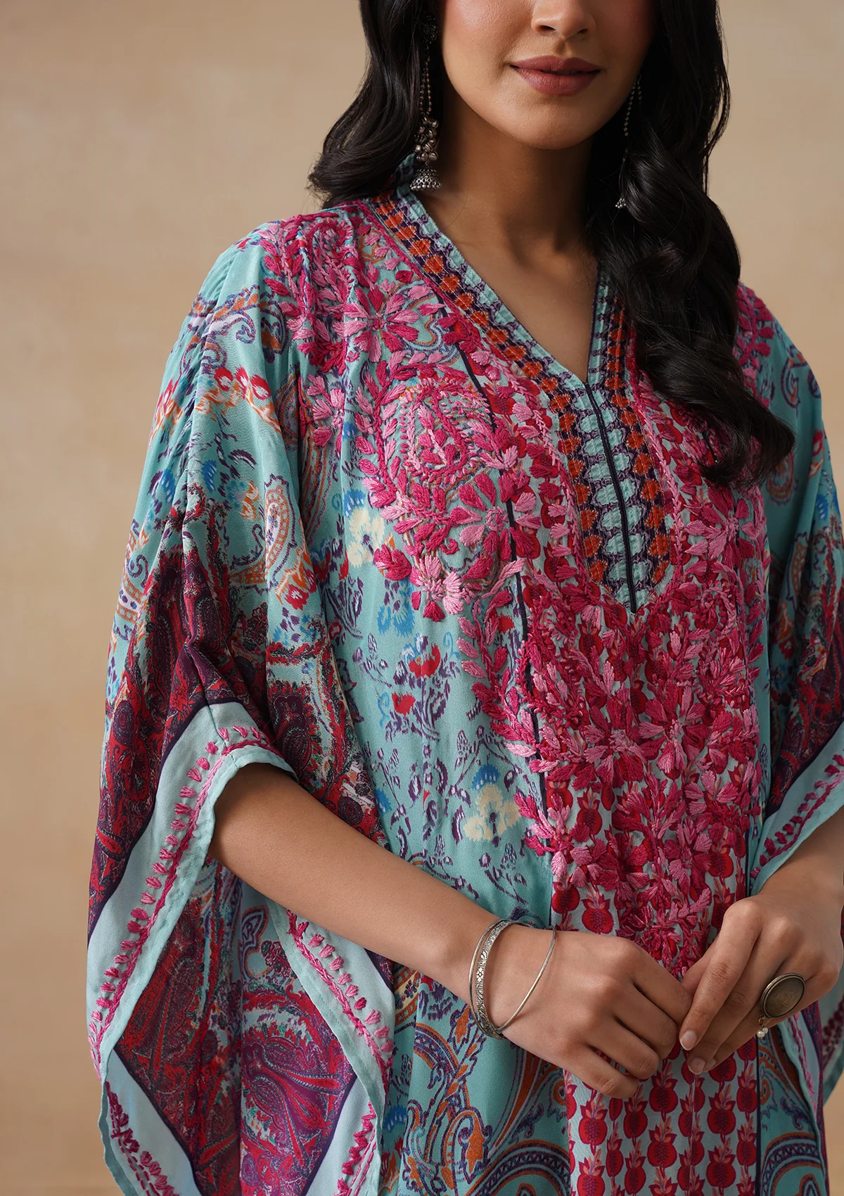 HOC Crepe Chikankari Printed Straight Women's Short Kaftan-Blue - Image 8