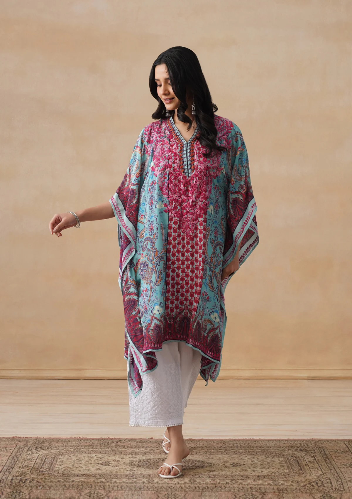 HOC Crepe Chikankari Printed Straight Women's Short Kaftan-Blue - Image 9