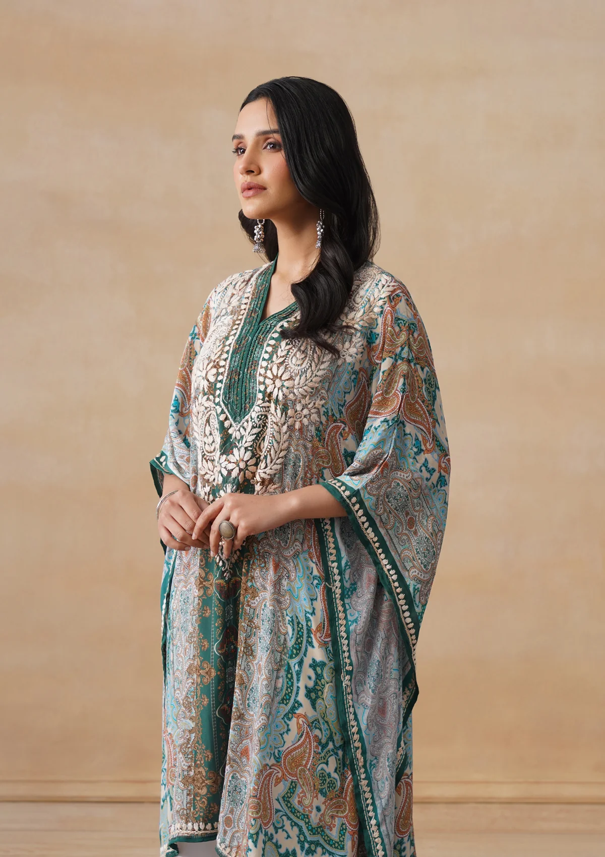 HOC Crepe Chikankari Printed Straight Women's Short Kaftan-Green - Image 5