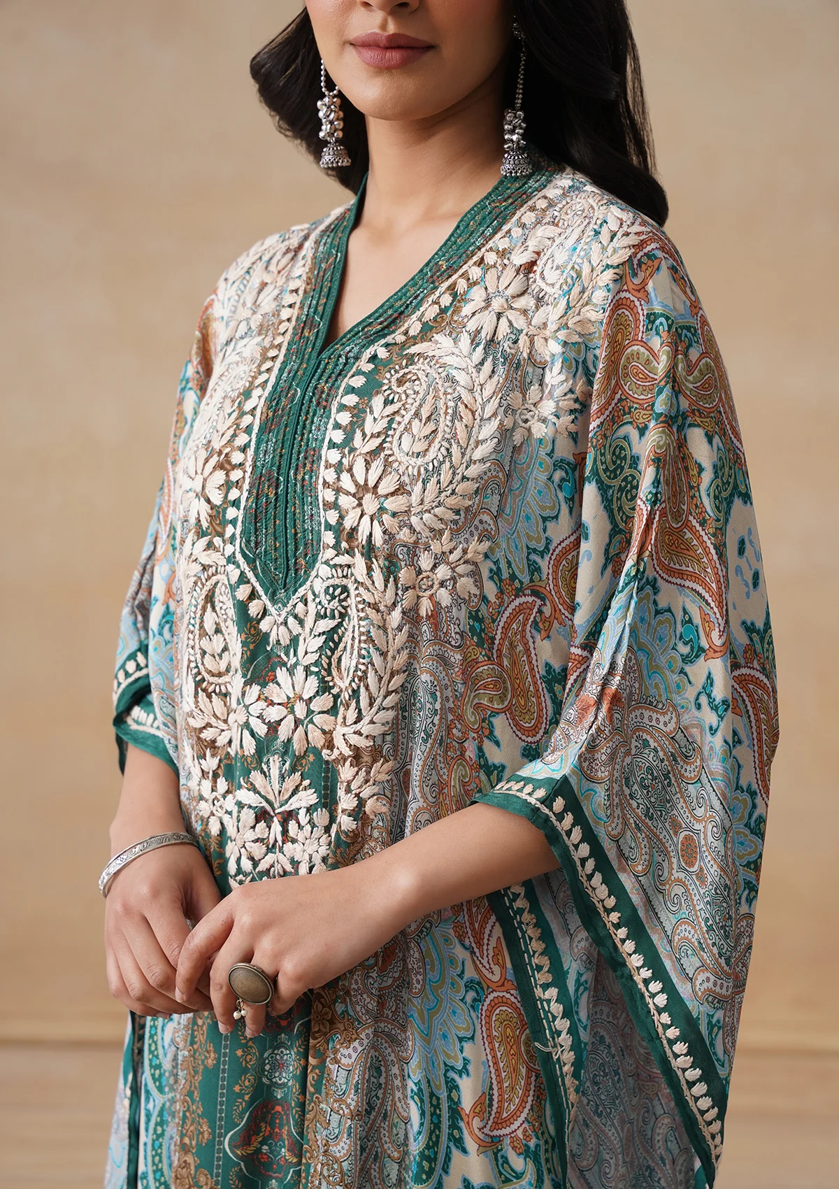HOC Crepe Chikankari Printed Straight Women's Short Kaftan-Green - Image 7