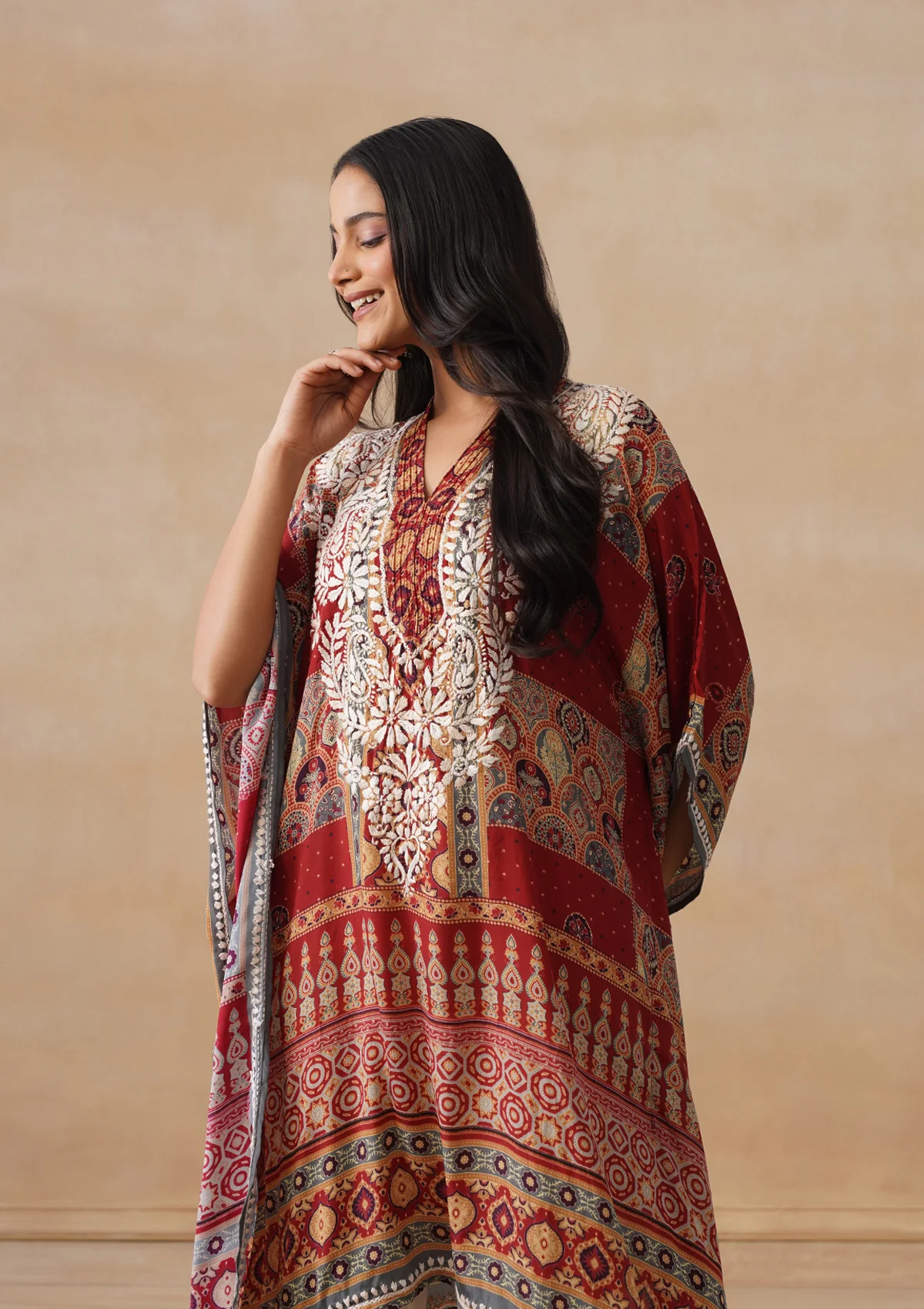 HOC Crepe Chikankari Printed Straight Women's Short Kaftan-Rust - Image 5