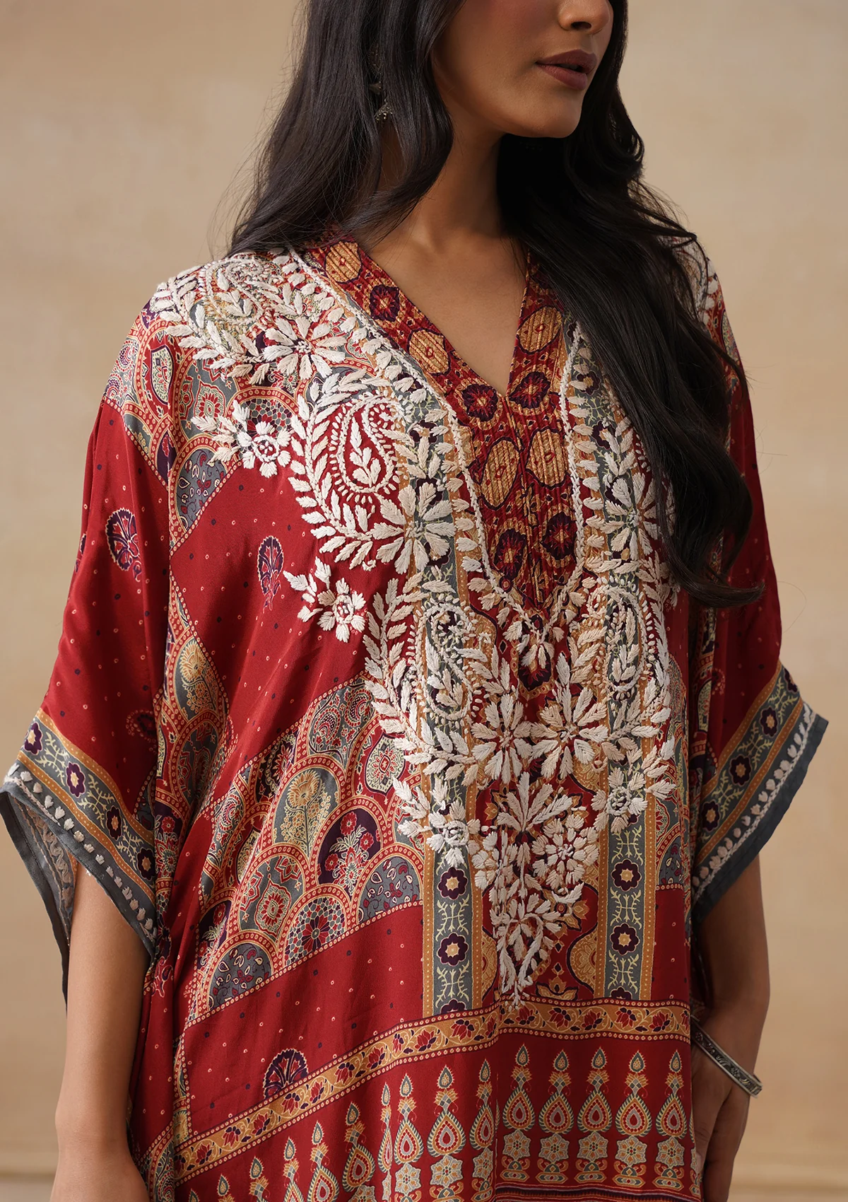 HOC Crepe Chikankari Printed Straight Women's Short Kaftan-Rust - Image 7