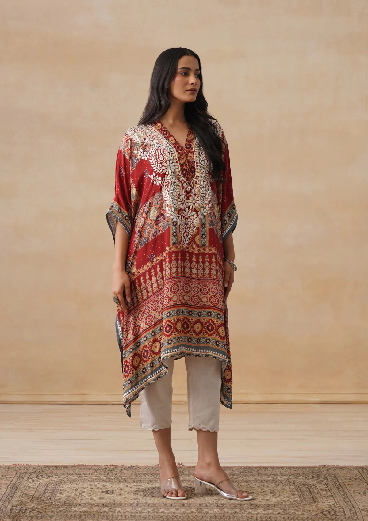 HOC Crepe Chikankari Printed Straight Women's Short Kaftan-Rust - Image 8