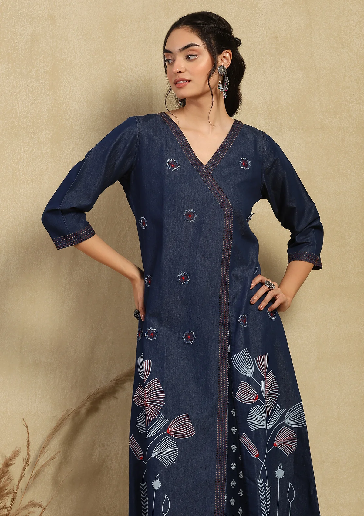 HOC Kantha Denim Printed Women's A-Line Kurta - Dark Blue - Image 2