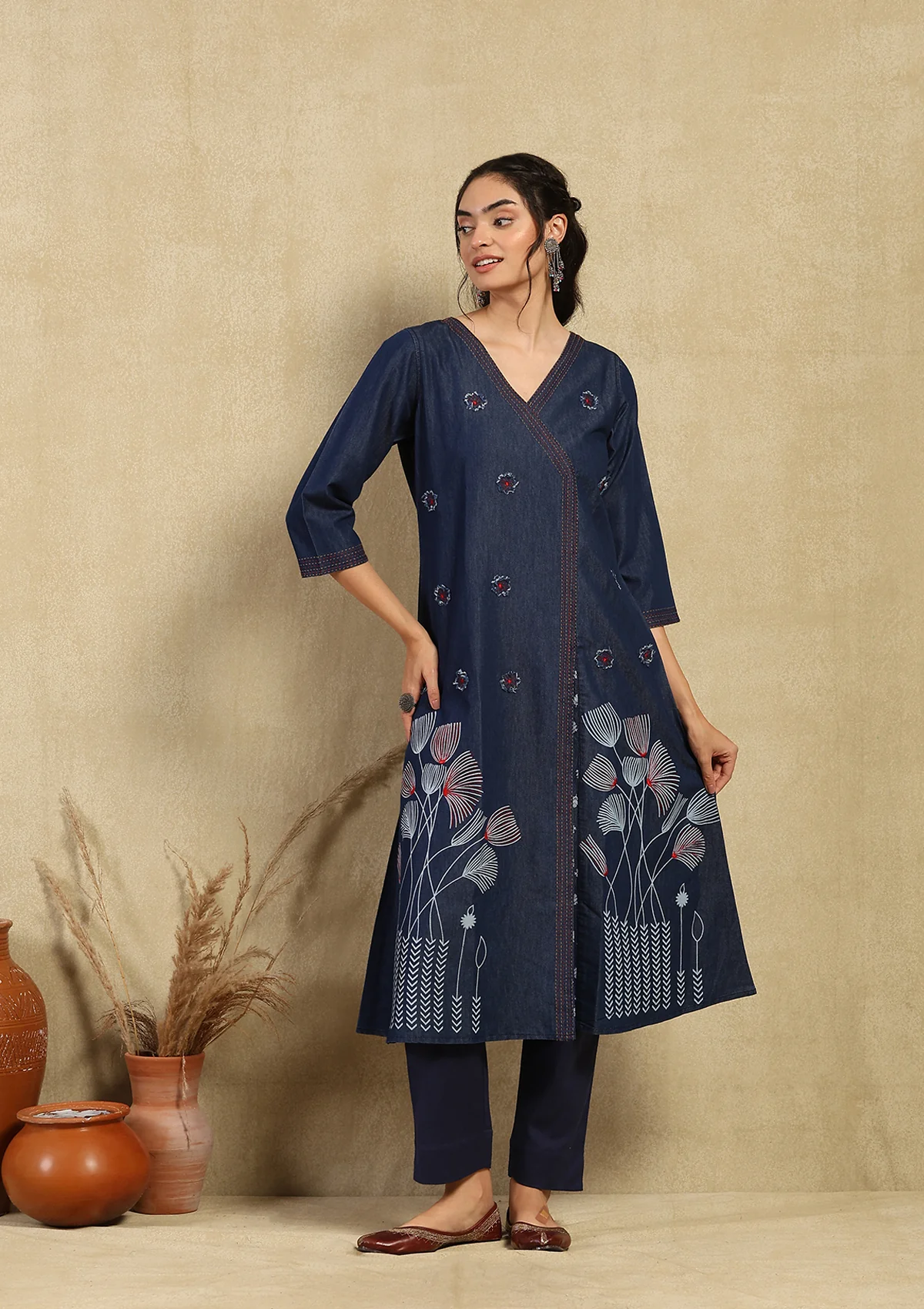 HOC Kantha Denim Printed Women's A-Line Kurta - Dark Blue - Image 4