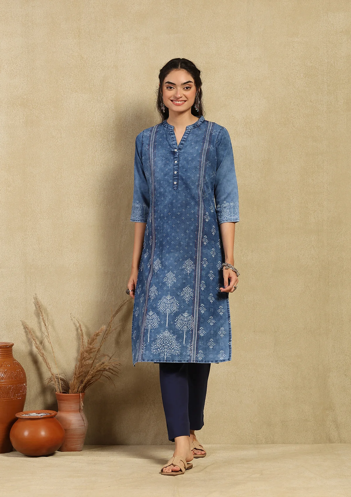 HOC Kantha Denim Printed Women's Kurta - Blue