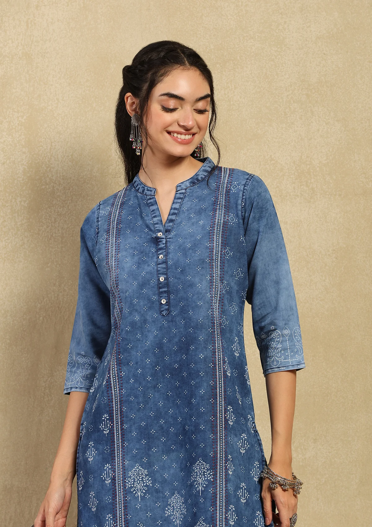 HOC Kantha Denim Printed Women's Kurta - Blue - Image 2