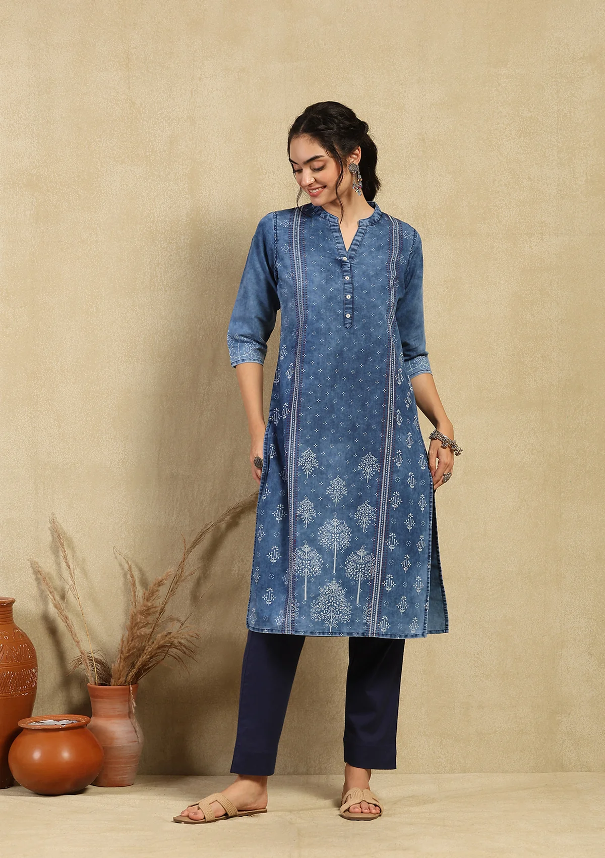HOC Kantha Denim Printed Women's Kurta - Blue - Image 4