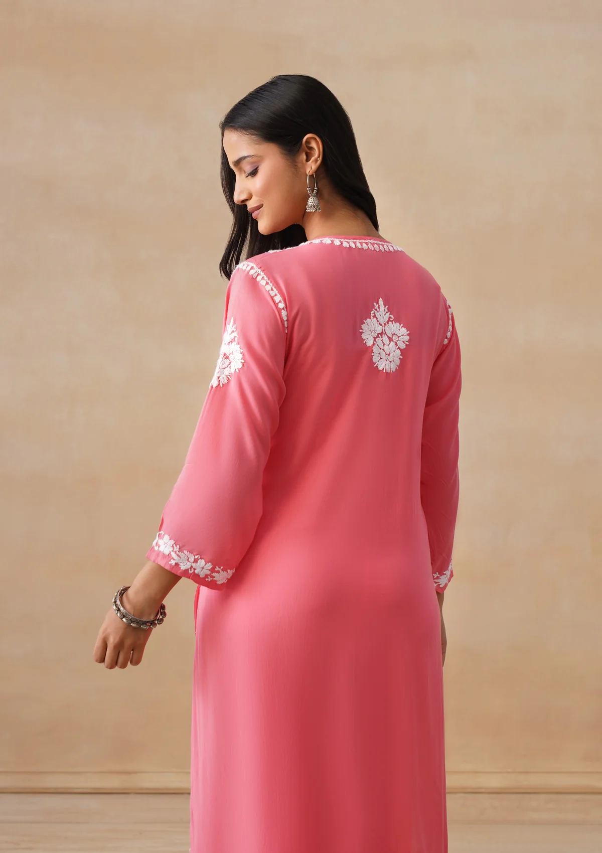 HOC Modal Chikankari Solid Women's Long Kurta - Coral - Image 11