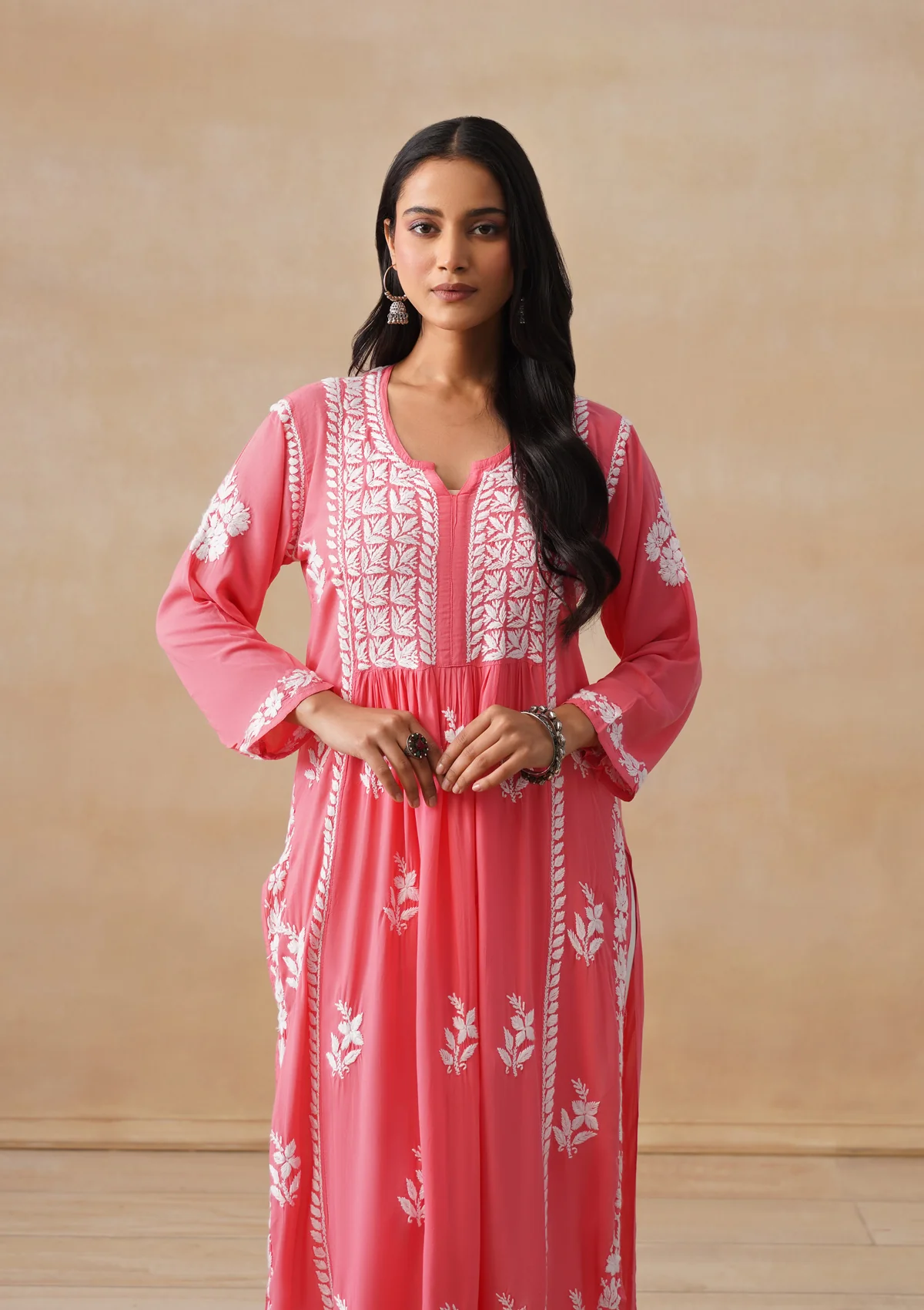 HOC Modal Chikankari Solid Women's Long Kurta - Coral - Image 2