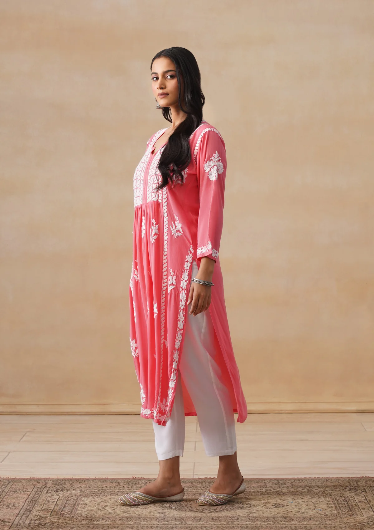 HOC Modal Chikankari Solid Women's Long Kurta - Coral - Image 3