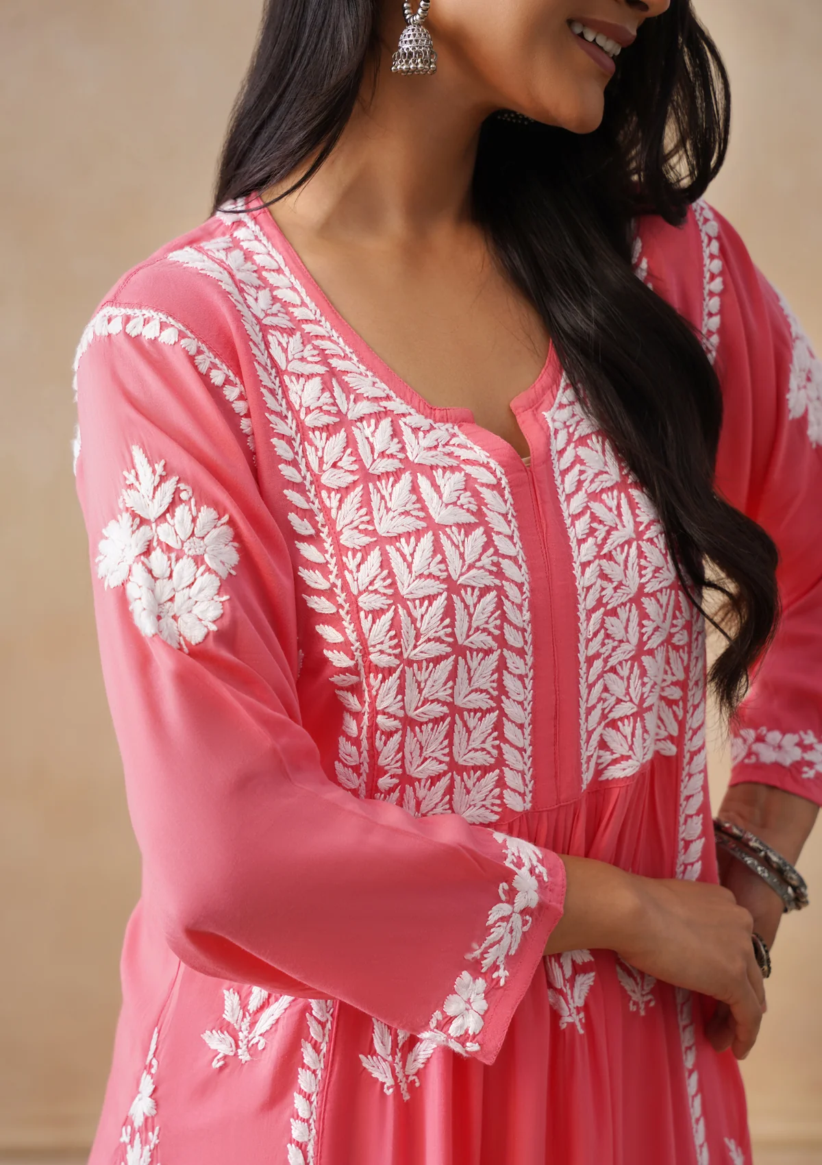 HOC Modal Chikankari Solid Women's Long Kurta - Coral - Image 4