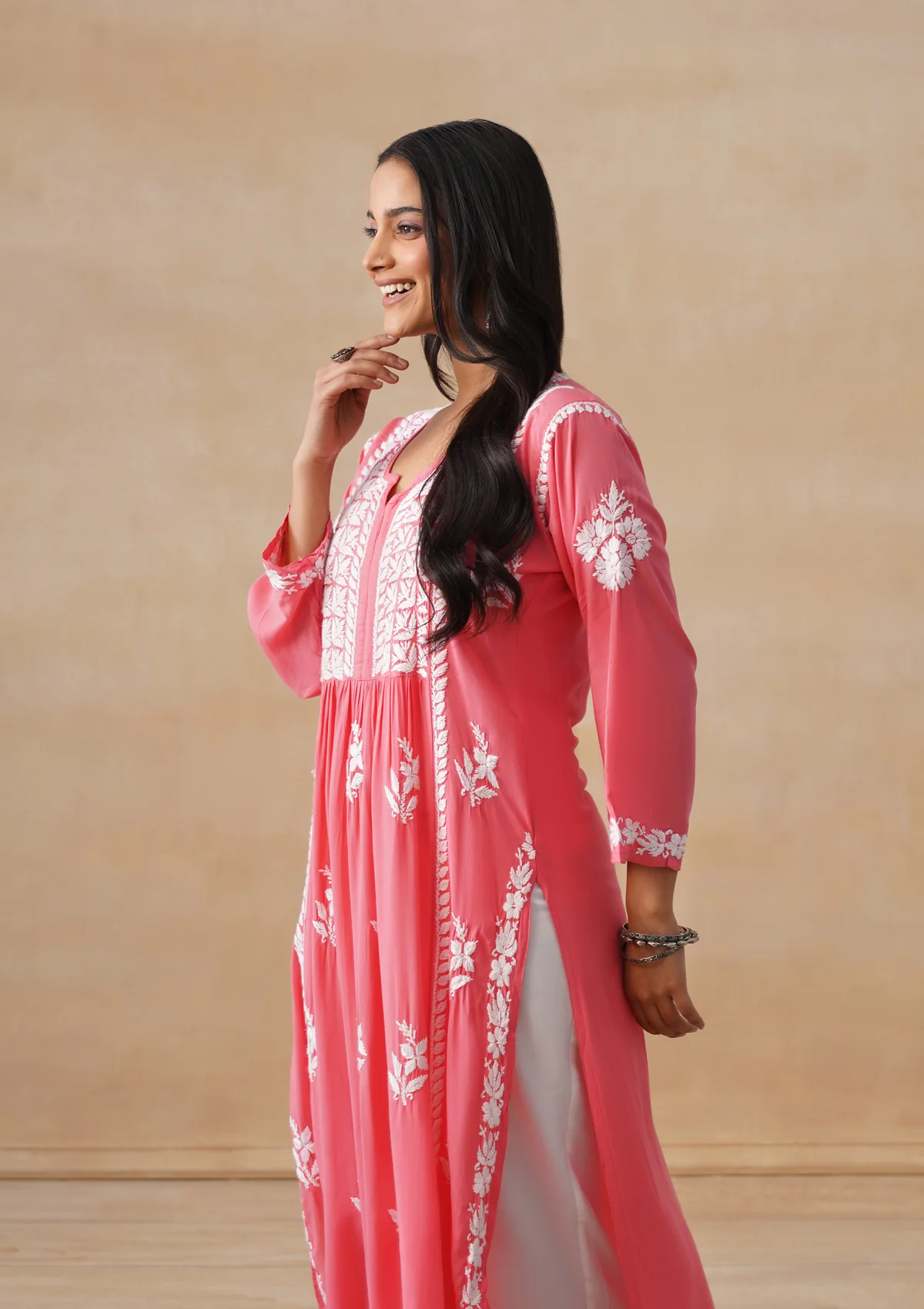HOC Modal Chikankari Solid Women's Long Kurta - Coral - Image 7