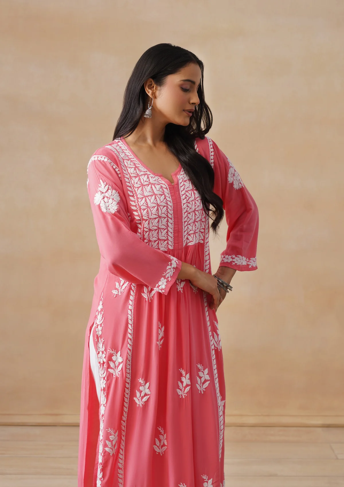 HOC Modal Chikankari Solid Women's Long Kurta - Coral - Image 8