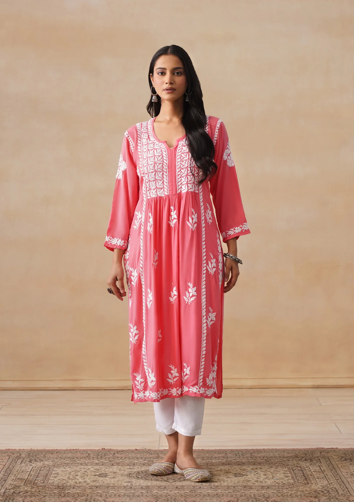 HOC Modal Chikankari Solid Women's Long Kurta - Coral - Image 9