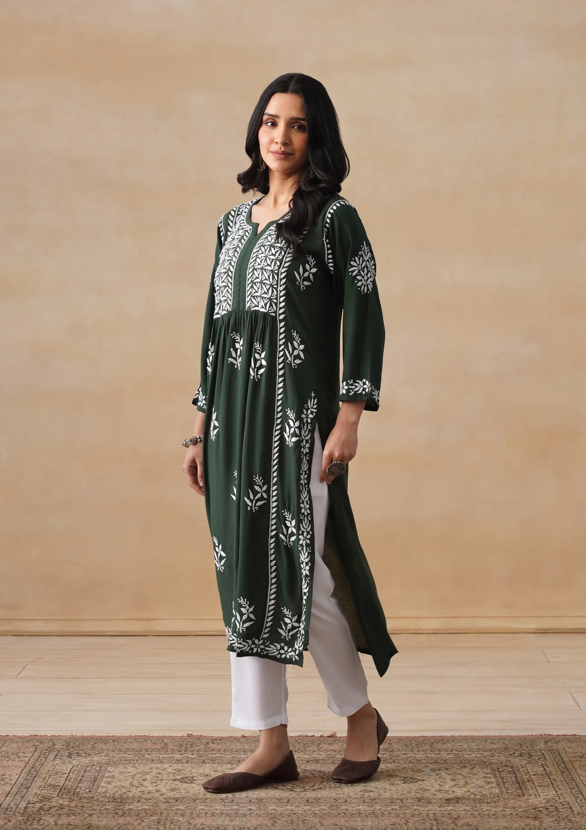 HOC Modal Chikankari Solid Women's Long Kurta - Dark Green - Image 3