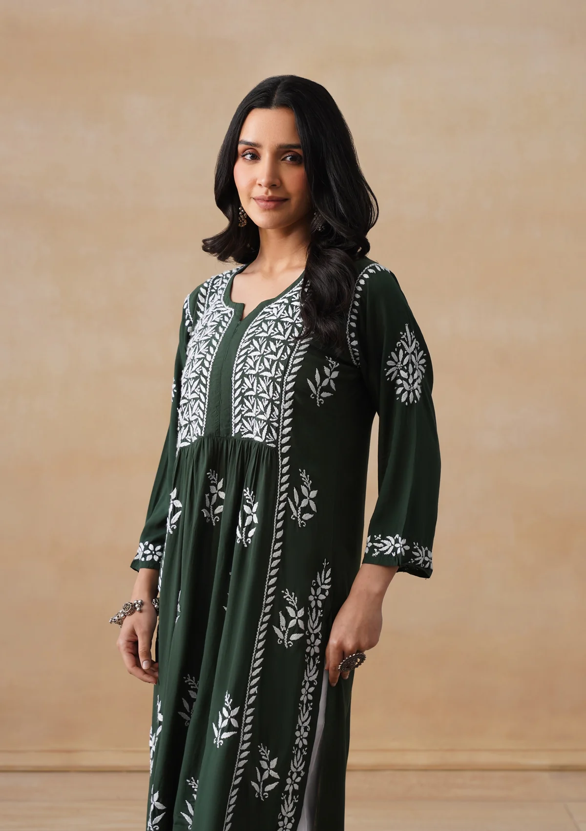 HOC Modal Chikankari Solid Women's Long Kurta - Dark Green - Image 7