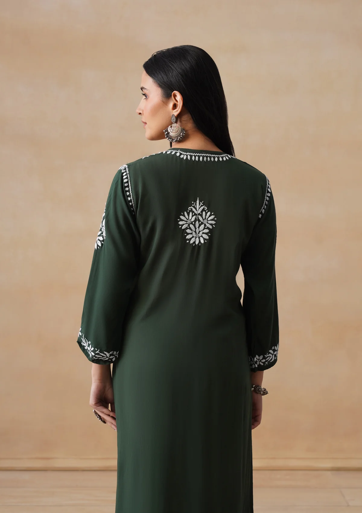 HOC Modal Chikankari Solid Women's Long Kurta - Dark Green - Image 9