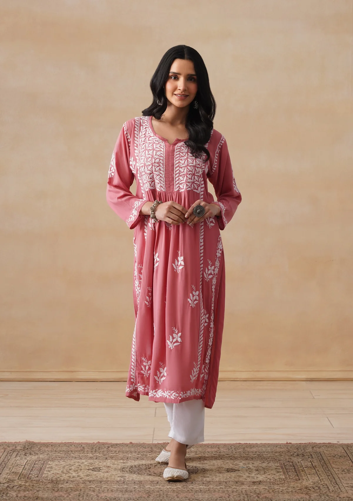 HOC Modal Chikankari Solid Women's Long Kurta - Dust Pink