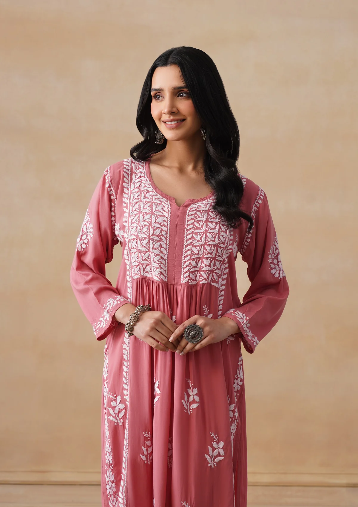 HOC Modal Chikankari Solid Women's Long Kurta - Dust Pink - Image 2