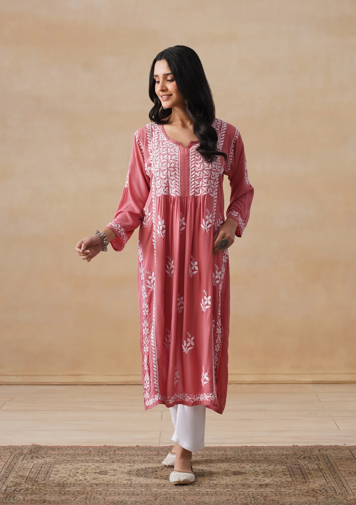 HOC Modal Chikankari Solid Women's Long Kurta - Dust Pink - Image 3