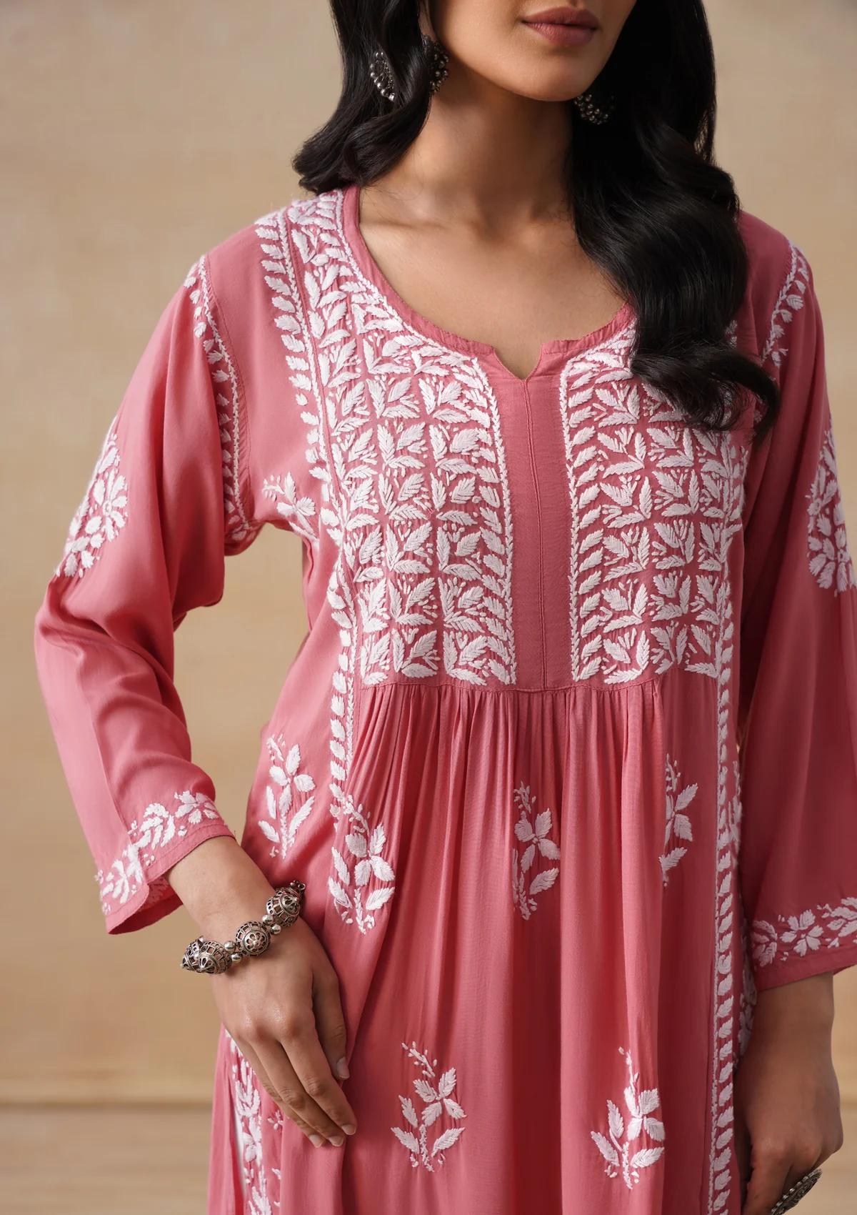 HOC Modal Chikankari Solid Women's Long Kurta - Dust Pink - Image 4