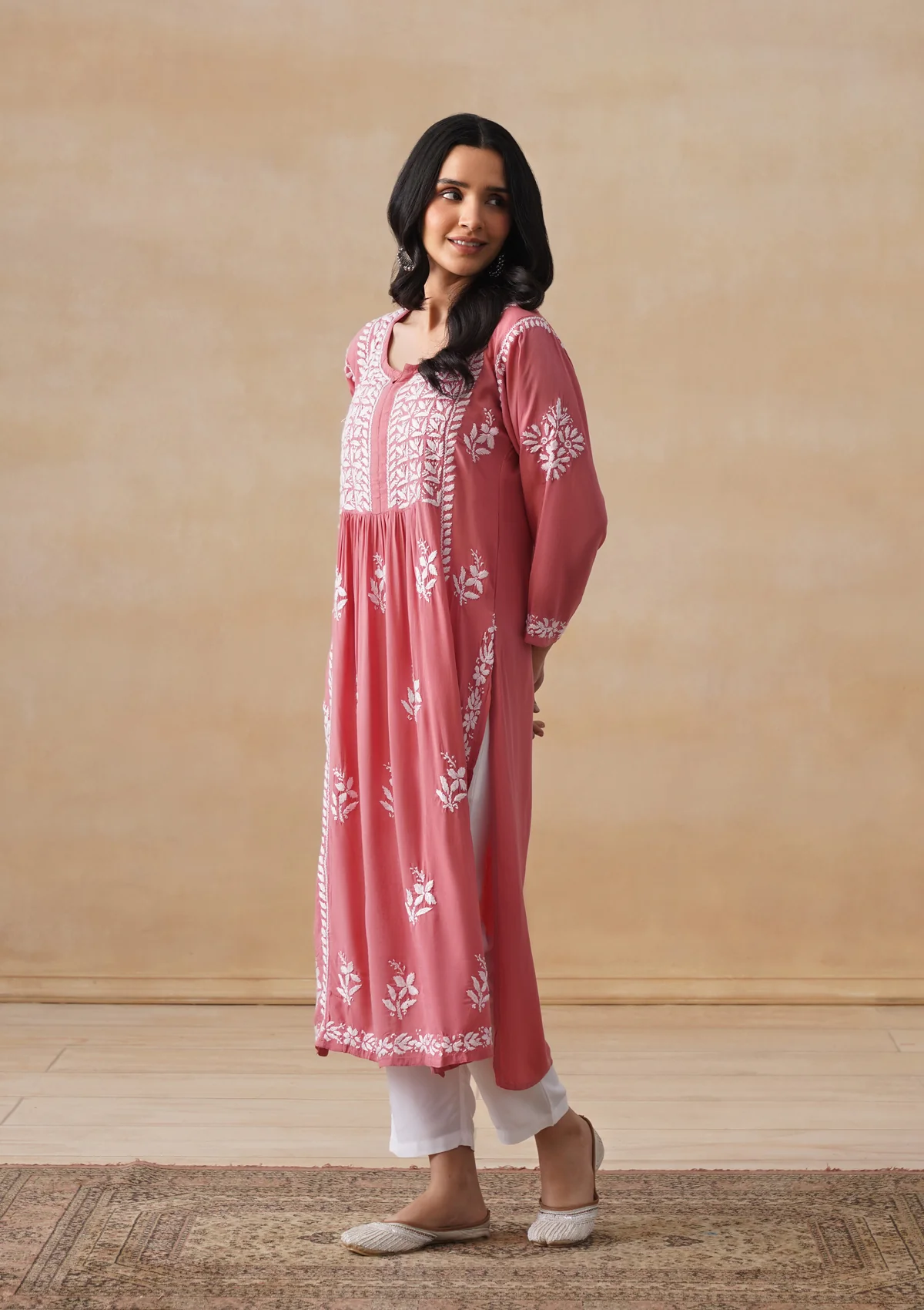 HOC Modal Chikankari Solid Women's Long Kurta - Dust Pink - Image 5