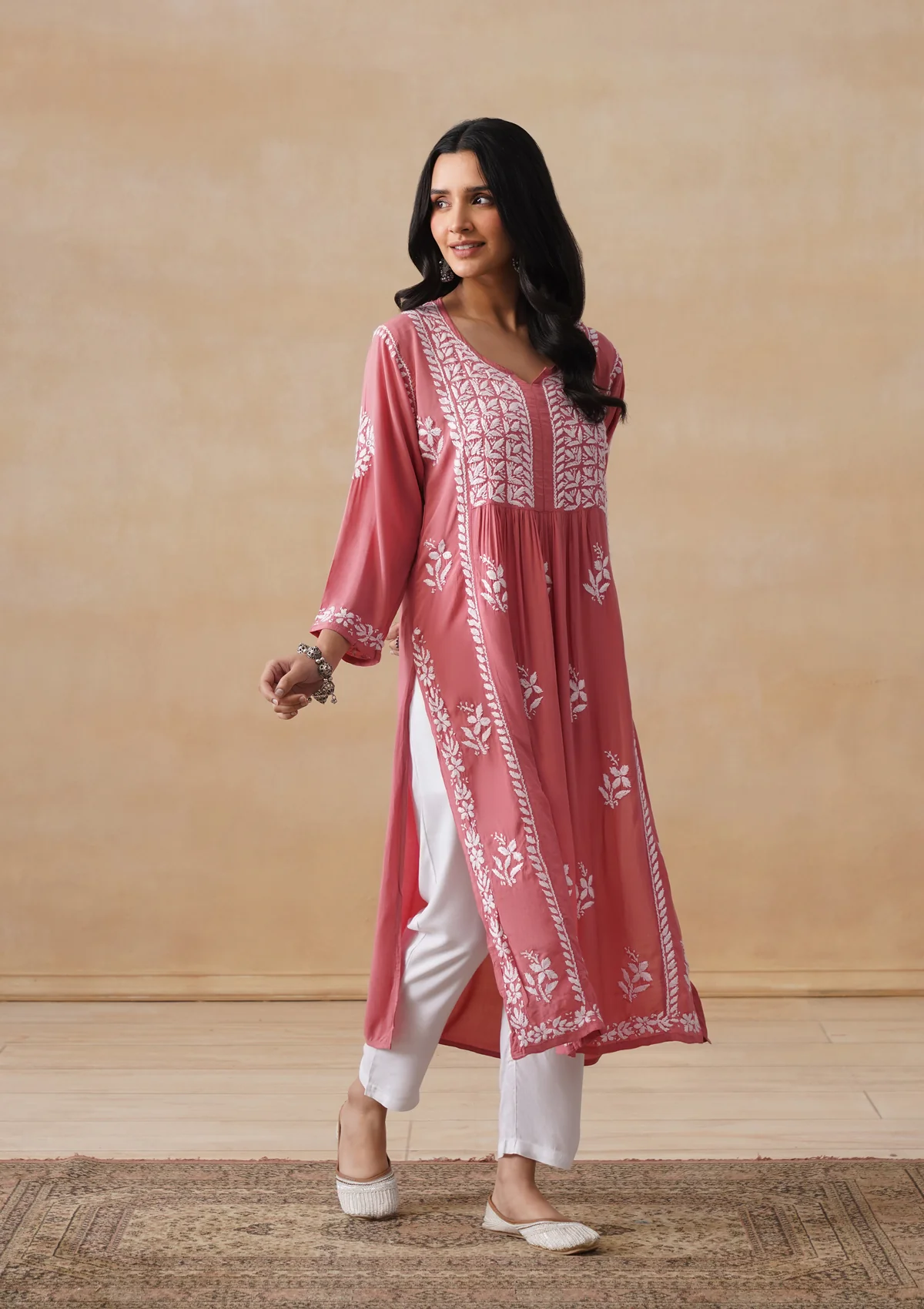 HOC Modal Chikankari Solid Women's Long Kurta - Dust Pink - Image 6