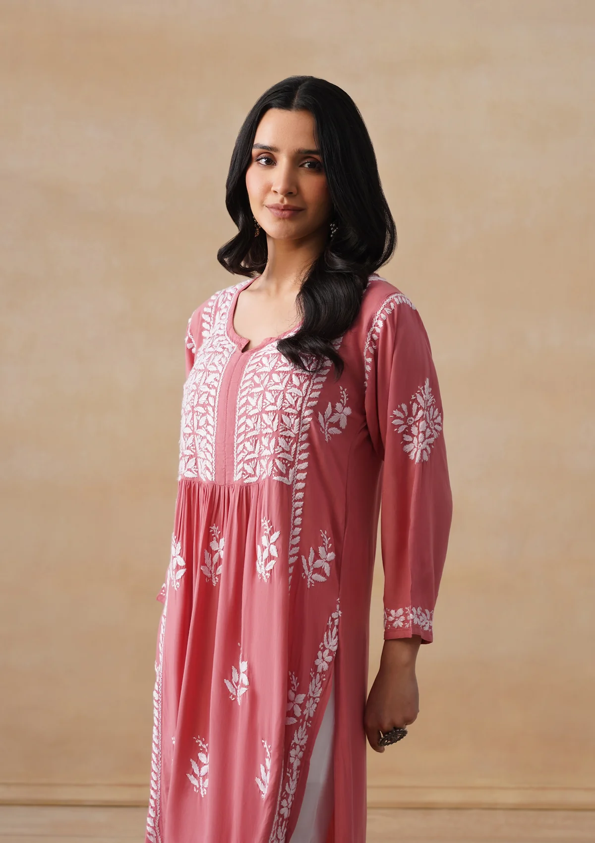 HOC Modal Chikankari Solid Women's Long Kurta - Dust Pink - Image 7