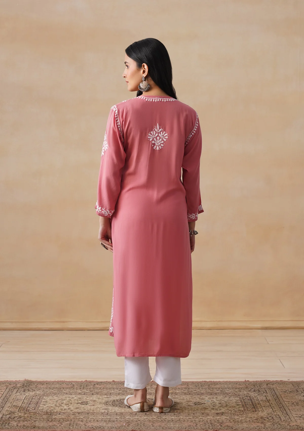 HOC Modal Chikankari Solid Women's Long Kurta - Dust Pink - Image 9