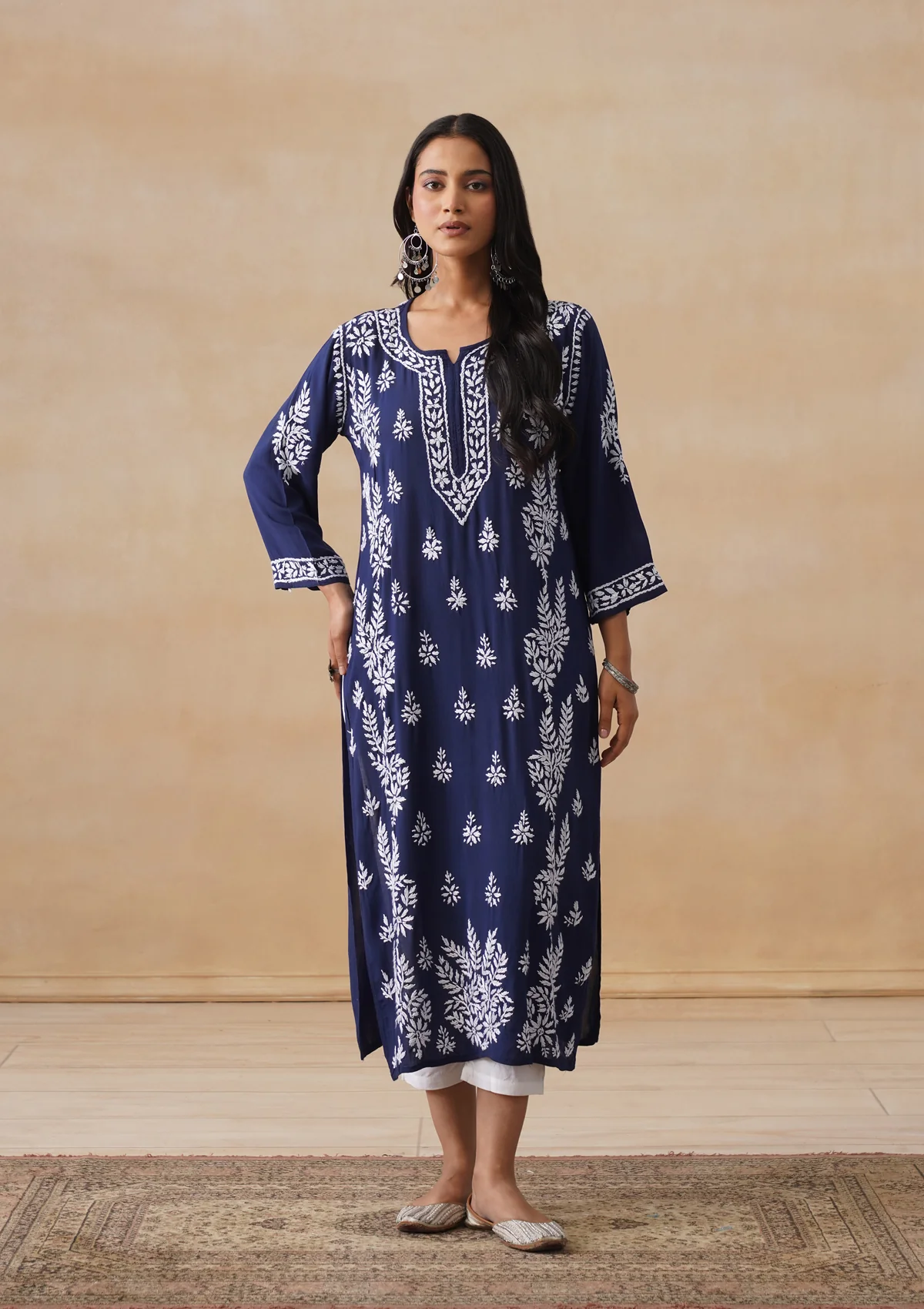 HOC Modal Chikankari Solid Women's Long Kurta - Navy