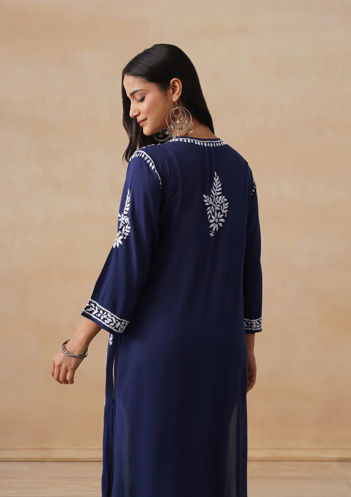 HOC Modal Chikankari Solid Women's Long Kurta - Navy - Image 10