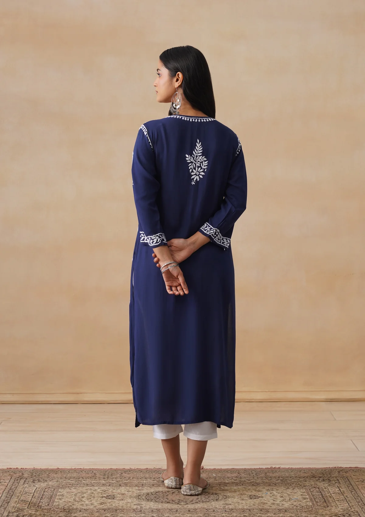 HOC Modal Chikankari Solid Women's Long Kurta - Navy - Image 11