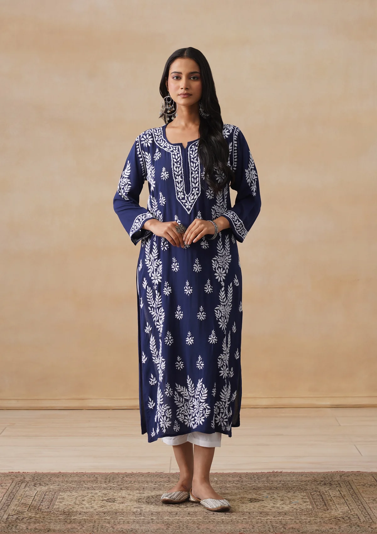HOC Modal Chikankari Solid Women's Long Kurta - Navy - Image 3