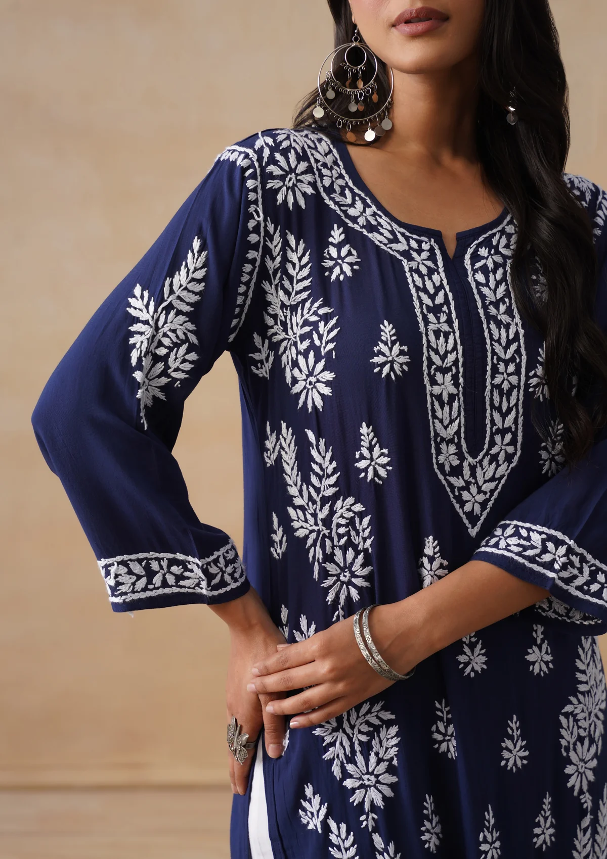 HOC Modal Chikankari Solid Women's Long Kurta - Navy - Image 4
