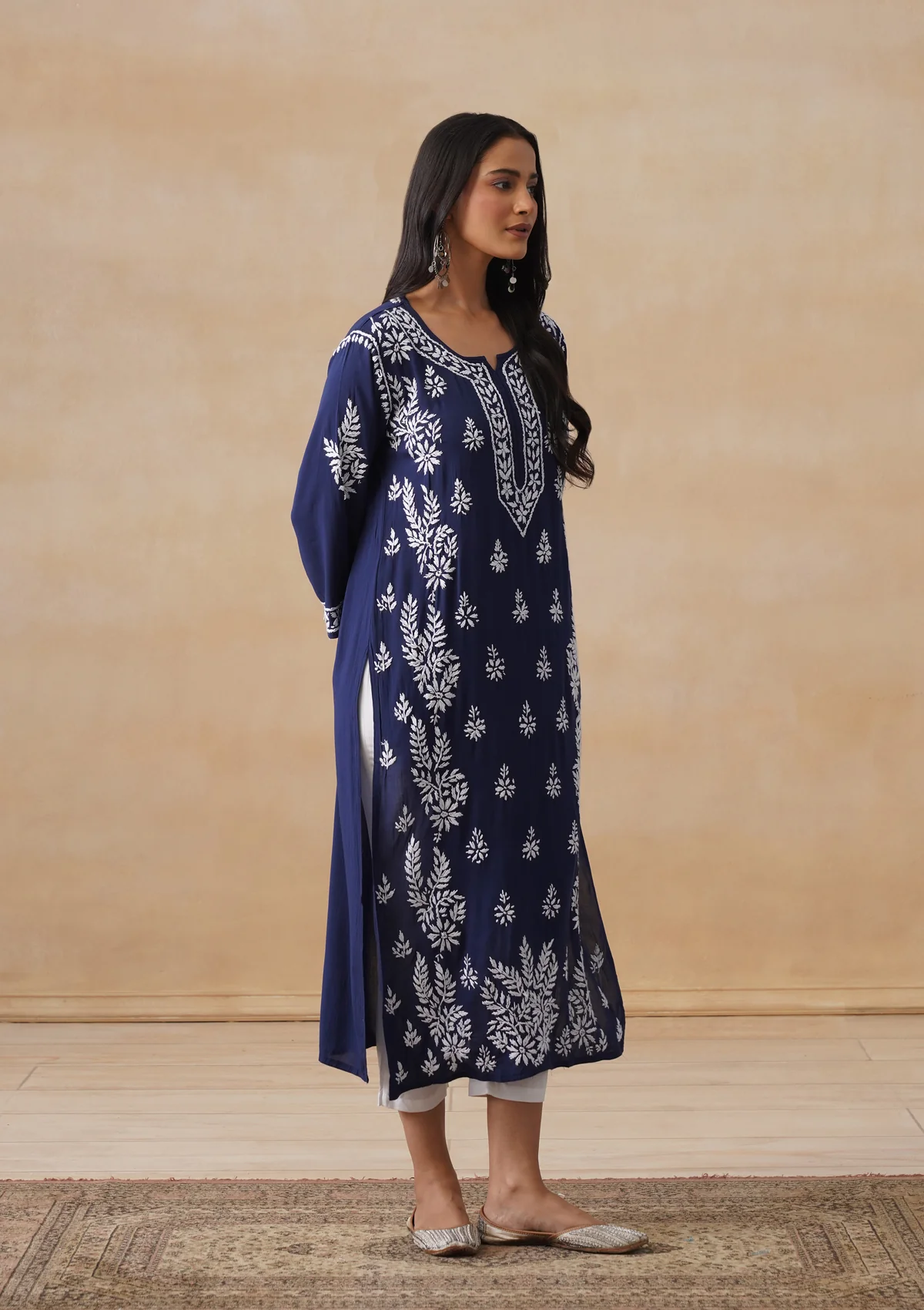 HOC Modal Chikankari Solid Women's Long Kurta - Navy - Image 6