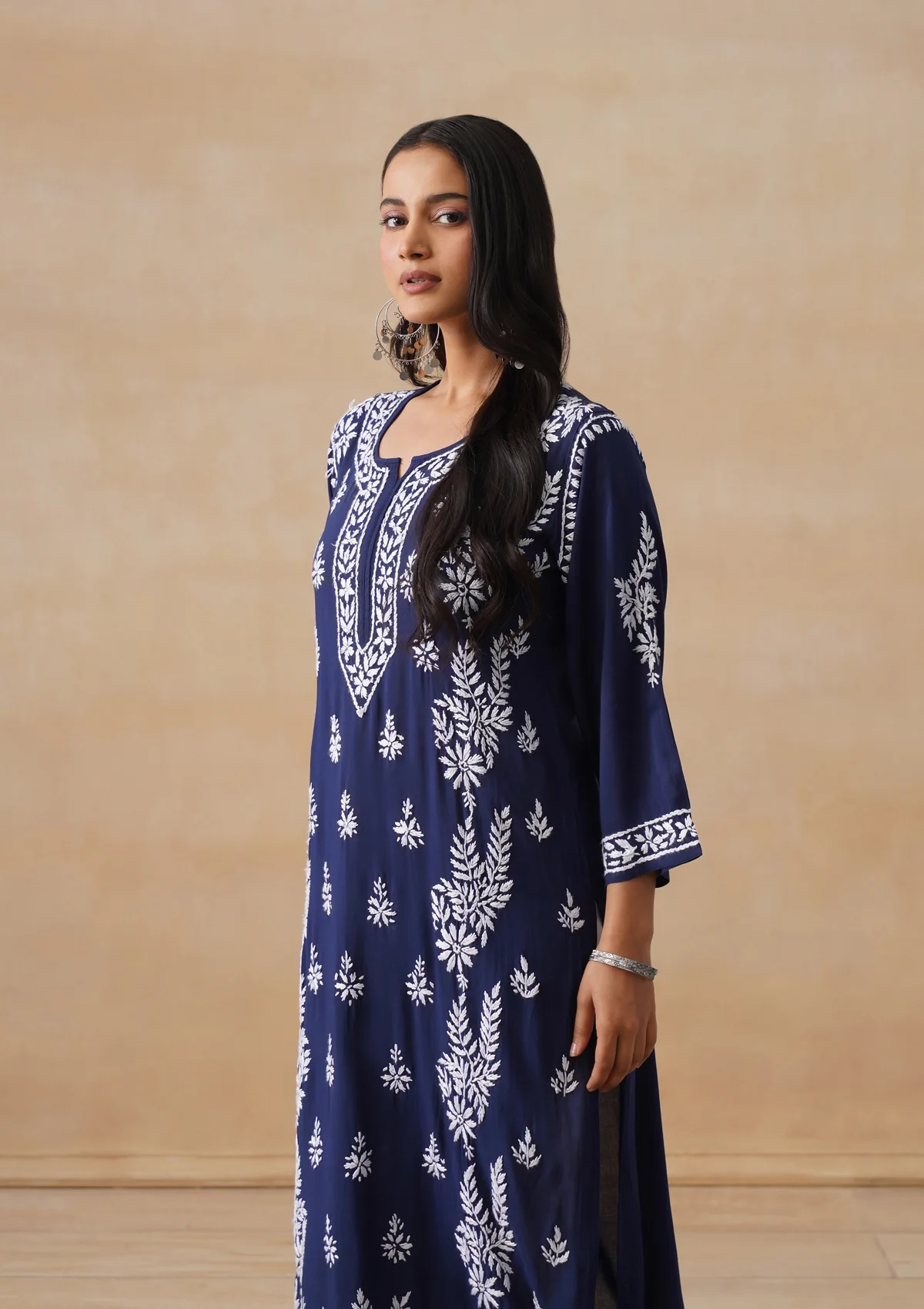 HOC Modal Chikankari Solid Women's Long Kurta - Navy - Image 8