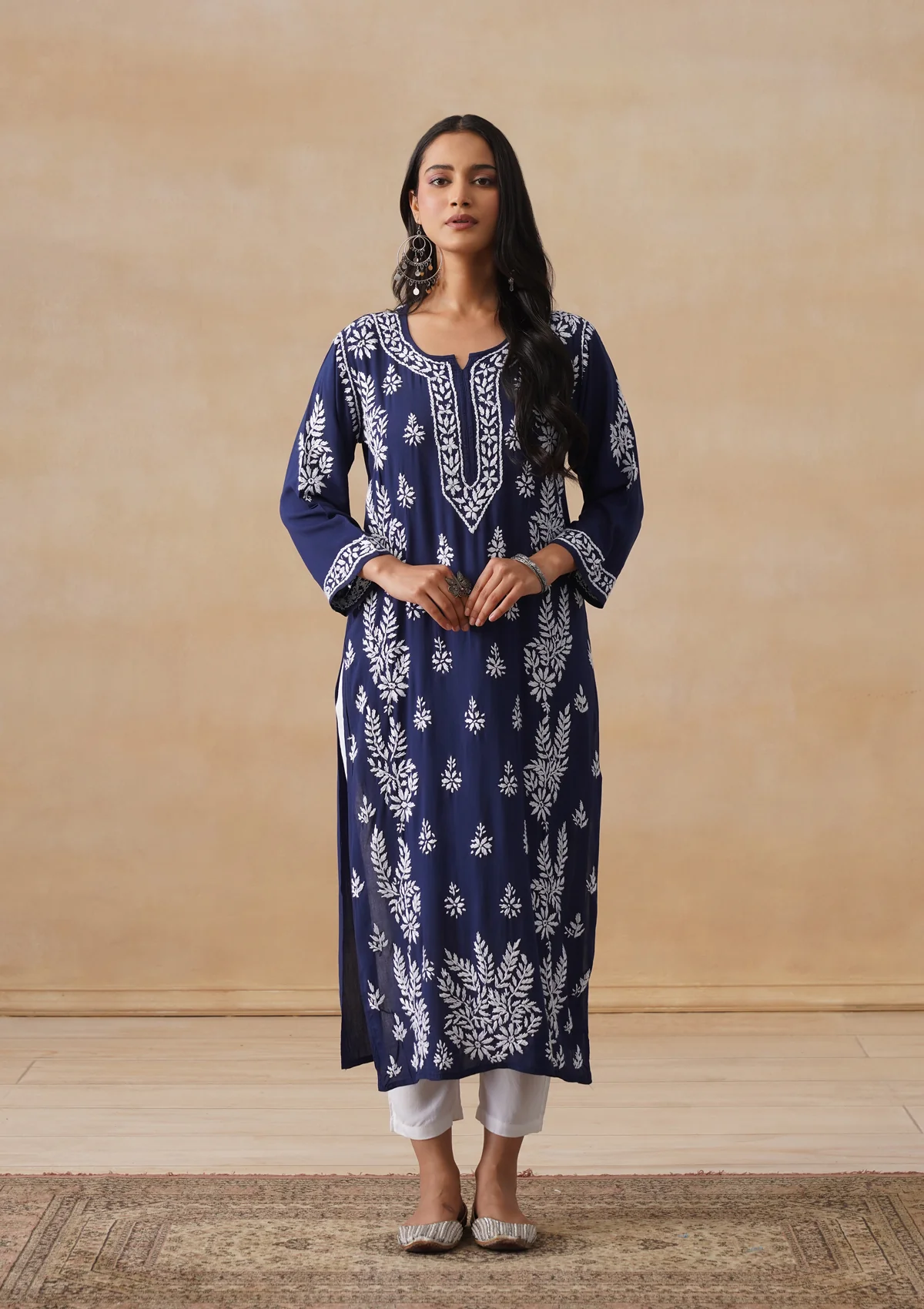 HOC Modal Chikankari Solid Women's Long Kurta - Navy - Image 9