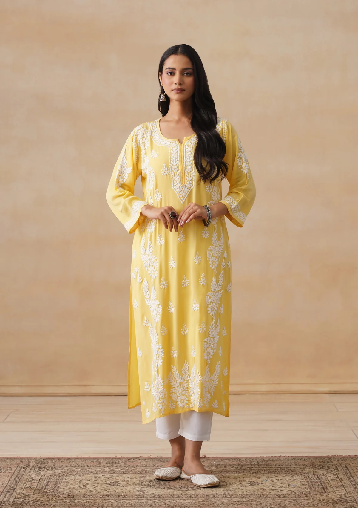 HOC Modal Chikankari Solid Women's Long Kurta - Yellow
