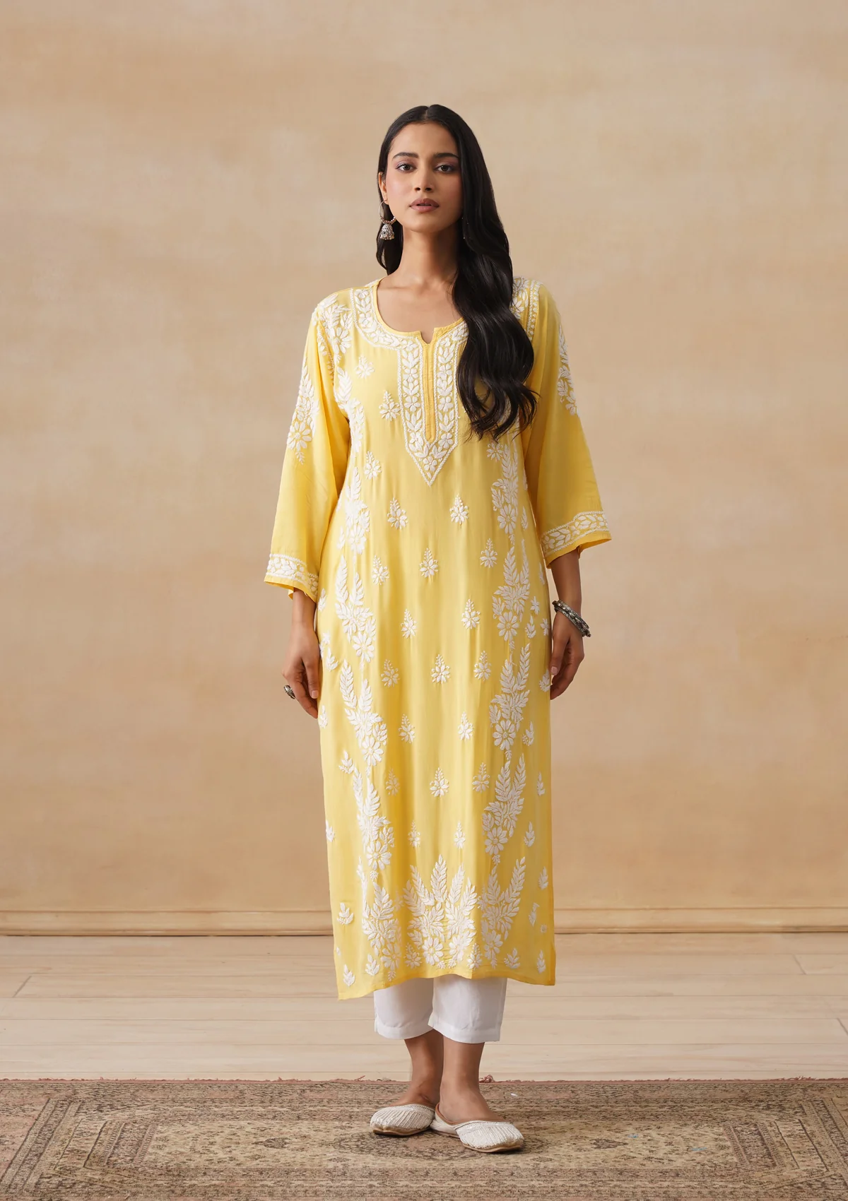 HOC Modal Chikankari Solid Women's Long Kurta - Yellow - Image 10